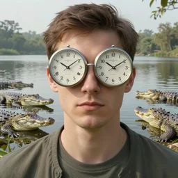man's face with clocks covering his eyes walking near lake with crocodiles, high detail, soft lighting, intricate, 8 k