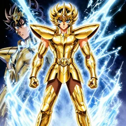 masami kurumada and callarin, a detailed description of gold saint, saint seiya, grim expression, full body gold armor, centered composition, lightning + frost elements, japanese manga, manga poster, fine work, 8 k, hd