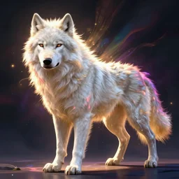 a man morphing into a white wolf, artstation, high detail, colorful lighting