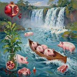 emo pathology student, a river flooding inside, medical supplies, pigs, plants in glass vase, pork meat, water, river, rapids, canoe, pomegranate, berries dripping, waterfall, swans, acrylic on canvas, surrealist, by magritte and monet