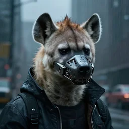 new york city portrait of furry anthro anthropomorphic spotted hyena head animal person fursona wearing clothes strange cybernetic matte metal muzzle gloomy rainy screenshot from the video game cyberpunk 2077 digital art by Greg Rutkowski, Simon Stalenhag, christopher nolan trending on Artstation, CGSociety