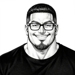 highly detailed ink illustration of a buff smiling man with long stubble, muscular neck, rectangular shaped glasses and a black bowl cut, wearing a black tshirt, b & w clean shaped illustration by kim jung gi, ron english and eiichiro oda