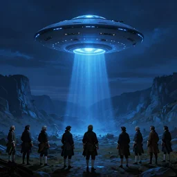 the landing of the ufo in the valley, blue light, blue tones. by henriette ronner - knip, by william henry hunt, by rembrandt, by joseph mallord william turner, by konstantin razumov, concept art,