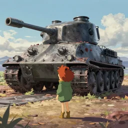 wholesome animation key shot, ultra wide, parka redhead alone explore an abandoned schwerer gustav!!!!, studio ghibli, pixar and disney animation, sharp, disney concept art watercolor illustration by mandy jurgens and alphonse mucha and alena aenami, pastel color palette, raining, puddles, mud, bloom!!! dramatic lighting