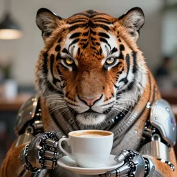 ultra detailed portrait of a futuristic cybernetic cyborg tiger with a cup of coffee, by tom bagshaw and anna dittman, perfect eyes and face, catchlight in the eyes, 5 0 mm lens, biomechanical robot, bionic hands, deep depth of field, artstation, 8 k