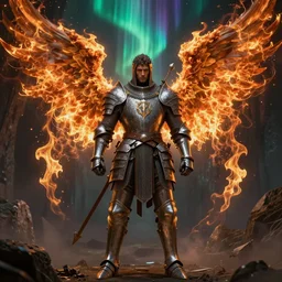 fantasy character portrait, chainmail armor male knight with burning angel wings, ultra realistic, wide angle, intricate details, aurora artifacts, highly detailed by peter mohrbacher, hajime sorayama, wayne barlowe, boris vallejo, aaron horkey, gaston bussiere, craig mullins