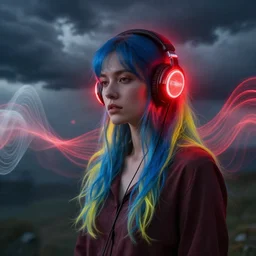 portrait, blue and yellow haired woman wearing headphones, by greg rutkowski, in a cabin, storm clouds, red glow surrounding headphones, glowing headphones, surreal light flowing in the air, ethereal, thomas kinkade, sound waves, powerful zen composition, by takehiko inoue and ross tran, elegant, realistic