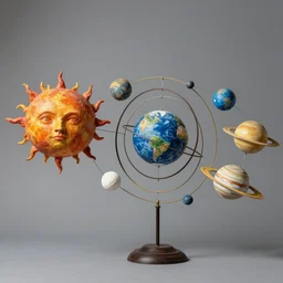 a kinetic sculpture of this solar system, sun, mercury, venus, earth, mars, jupiter, saturn, uranus, neptune, pluto, orrery, canon 5 d 5 0 mm lens, papier - mache, studio, circa 1 8 9 5