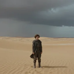 a cinematic wide angle shot of a boy in the movie dune, in a serene vast desert, stormy weather, dry, film still, cinematic, movie still, dramatic lighting, by zack snyder