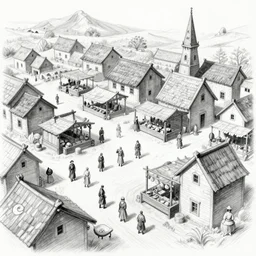 skyrim screenshot of the market of the town, pencil drawing, high contrast.