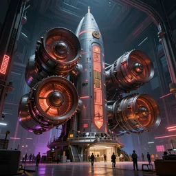 * * concept art, massive retro - futurist rocket engines, towering hangar, imperious size, tiny engineers work, artstation, dramatic neon lighting, glowing pharaonic motifs, bladerunner, by gerald brom, james jean, syd mead, akihiko yoshida, cinematic