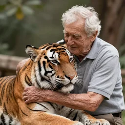 elderly man lovingly hugging his pet tiger