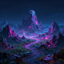 a beautiful neon alien landscape, mountains, nighttime, ambient lighting, octane render