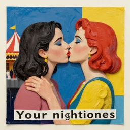 two women kissing at a carnival in your nightmares, mixed media collage, retro, paper collage, magazine collage, acrylic paint splatters, bauhaus, claymation, layered paper art, sapphic visual poetry expressing the utmost of desires by jackson pollock