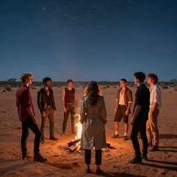 photograph of seven ravers, two men, one woman, woman is in a trenchcoat, blessing the earth, seen from behind, talking around a fire, dancefloor kismet, diverse costumes, clean composition, desert transition area, bonfire, starry night, australian desert, xf iq 4, symmetry, sony a 7 r, 1 5 0 mp, 5 0 mm