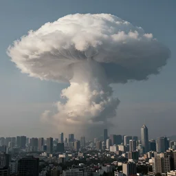 a mushroom cloud hovering over a city far away view matte panting