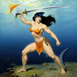 a shark woman with melee weapons by ivan bilibin