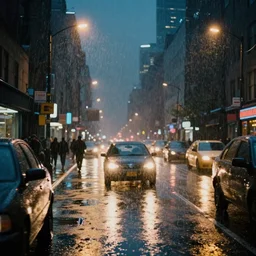 driving rain, rainy night city street, traffic headlights, bustling with people, street lights, neon, reflections, cyberpunk vibe, photographic realism, ridley scott, driving rain, thick atmosphere,