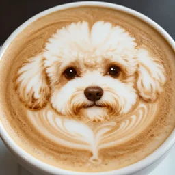 a closeup photorealistic photograph of latte art drawing of bichon frise. professional capture, well lit shot. this 4 k hd image is trending on artstation, featured on behance, well - rendered, extra crisp, features intricate detail, epic composition and the style of unreal engine.