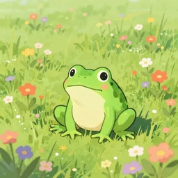 a frog in a prairie full of flowers, chiho aoshima style