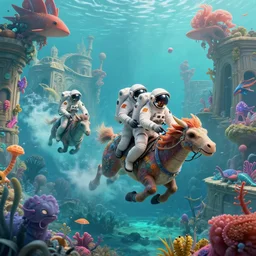 Astronauts are riding some mythical animals, they are swimming under the sea, this is an extravagant planet with wacky and vibrant wildlife, the background is full of ancient ruins, by Jordan Grimmer digital art, trending on Artstation,
