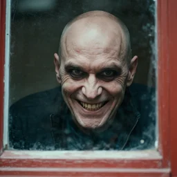 a picture of a balding man with a creepy scary face smiling deeply outside behind a window.