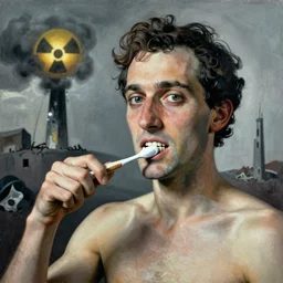 portrait of man brushing his teeth in front of nuclear strike. picasso style, highres