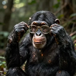 a chimp lifting his glasses to reveal no eyes