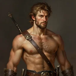 portrait of a rugged ranger, 3 0 years old, muscular, upper body, hairy torso, d & d, fantasy, intricate, elegant, highly detailed, digital painting, artstation, concept art, smooth, sharp focus, illustration, art by artgerm and greg rutkowski and alphonse mucha