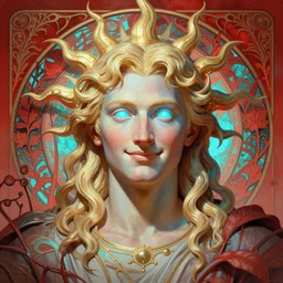 the pale blond sun god apollo smirking, full body shot, sci fi, glowing eyes, volumetric lights, red and cyan theme, art nouveau botanicals, intricate, highly detailed, digital painting, artstation, concept art, smooth, sharp focus, cinematic, illustration, beautiful face, art by artgerm and greg rutkowski and alphonse mucha