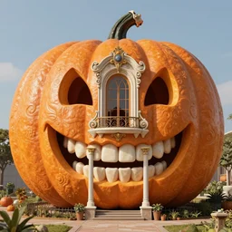 detailed render giant pumpkin house art nouveau rococo architecture carved out of teeth, pumpkin smiling showing teeth rendered in cinema 4 d octane