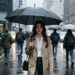 Yoko Littner holding an umbrella, in a busy metropolitan city on a rainy day, Studio Trigger