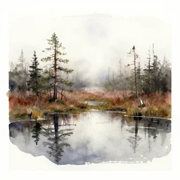 watercolor painting of scandinavian bog, reflective, fog, ambient lighting, mockup watercolor sketch with bold brushstrokes, smudged and smeared paint, white border edge, white paper corners, by anders zorn