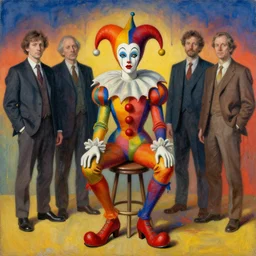 portrait of a morphed harlequin sitting on a stool by james jean and luc tuymans and vincent lefevre and hernan bas and pat steir and hilma af klint, psychological, dripping paint, grain gradient, high quality render, masterpiece