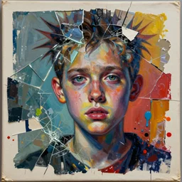 dispersing teenager detailed analogue mixed media collage with canvas texture in style of contemporary art, punk art, realistic emotional face, expressionism, masterpiece, spectacular quality, intricate oil details, broken glass, torn paper, large cracks, liquid paint spots, vivid harmonic colors, harmonic composition