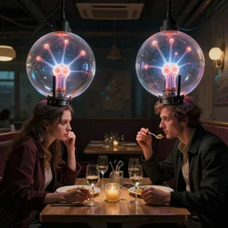 two spherical glass plasma lamp heads with normal human bodies and clothes having an awkward dinner date in a dimly lit cafe. cyberpunk dystopia. intricate, sharp focus, illustration, highly detailed, dramatic lighting, by susannah martin and anton pieck, tending on art station