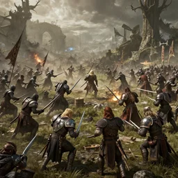eye level 3d render of a of a fantasy battlefield with a dense fierce battle, realistic, unreal, craig mullins, alex boyd, lord of the rings, game of thrones, dark souls, artstation, warhammer, epic dramatic lighting
