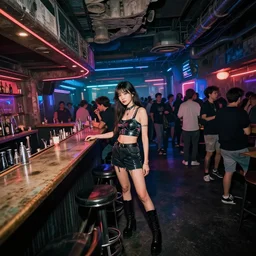 photograph of a retro techwear women loitering near the bar of a packed busy rundown nightclub, retrofuturism, brutalism, cyberpunk, sigma 85mm f/1.4,  35mm, tilted frame, long exposure, 4k, high resolution, 4k, 8k, hd, wide angle lens, highly detailed, full color
