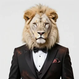 award winning beautiful portrait commission of a male furry anthro albino lion wearing a burnt and torn tuxedo outfit with scarred face and scratches on his muscular belly with beautiful hyperdetailed face. Character design by charlie bowater, ross tran, and makoto shinkai, detailed, inked, western comic book art