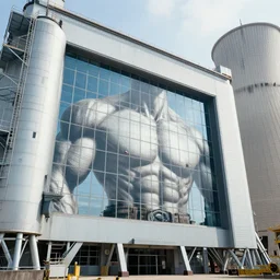 photo of a power plant with a huge window opening, industrial design, extreme muscles