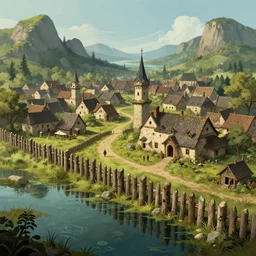 a medieval village, palisade, swamp, digital art, illustration, fantasy