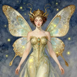 portrait of beautiful faerie with butterfly wings, symmetrical, elegant, regal, intricate, fireflies in a twilight background, highly detailed, digital painting, artstation, concept art, sharp focus, watercolor ink illustration, muted color, complementary colors, art by bastien lechouffe deharme, greg rutkowski and alphonse mucha
