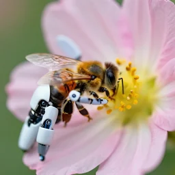 bee robot sucking nectar flower, macro shot, sharp and detail