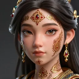 a stunning ultra detailed fantasy fine art portrait photo of a girl, 3 d model, by tom bagshaw, artgerm and natalie shau, henna tattoos on the face, paisley designs, 2 4 mm lens, unreal engine, deep depth of field, perfect eyes and face, volumetric lighting, artstation, 8 k