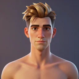 tall man in his twenties with brown blond short quiff hair and thin slightly round facial structure with cleft chin, straight eyebrows and prominent nose, good definition of cheekbones, big hazel nut brown eyes, narrow face, slim body, atmospheric lighting, painted, unreal engine 5, fortnite, highly detailed by charlie bowater