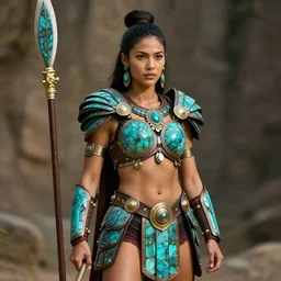 long shot photo of a female amazon warrior with malachite armour, 4k