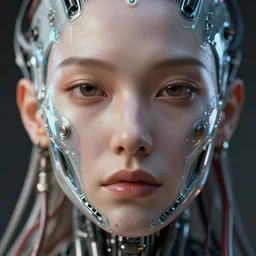 a beautiful close up portrait of a human face, with epic cyborg implants, wires, tubes, biomechanical details, liquid, prismatic highlights, depth of field, cinematic, concept art, 5 0 mm, artstation, elegant, focus, octane render, vray, by h. r. giger
