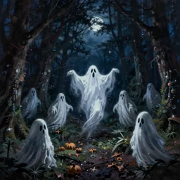 ghosts and ghouls at midnight in the forest. at night. night sky. digital painting. marc simonetti. dancing ghost ghoul. greg rutkowski. scary. creepy. artstation.