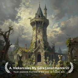 Painting of the abandoned wizard's tower in the overgrown garden. Fantasy art.