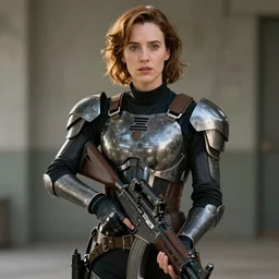 emma thompson as an stb agent, holding a rifle, metal gear 2, 1 9 9 0, movie still